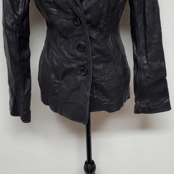 JONES New York Black Crinkled Leather Notched Collar Button Up Moto Jacket Large - Picture 6 of 16